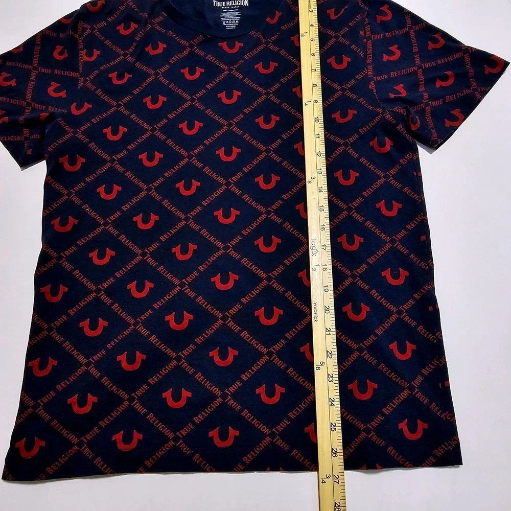 True Religion Mens Navy Blue Red All Over Logo Print T-Shirt 108050 Small NWT